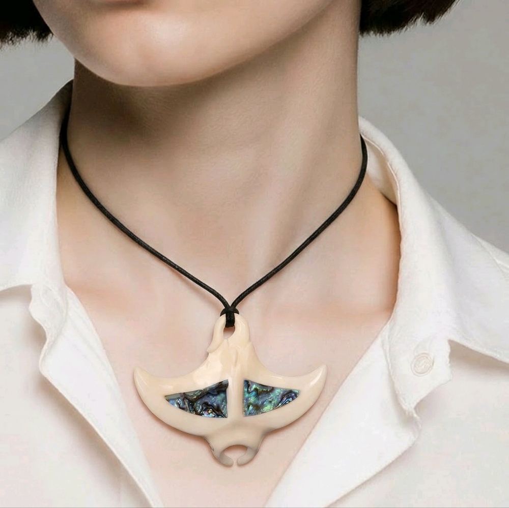 Manta Ray Pendant Necklace Carved from Bovine Bone New Zealand Carved